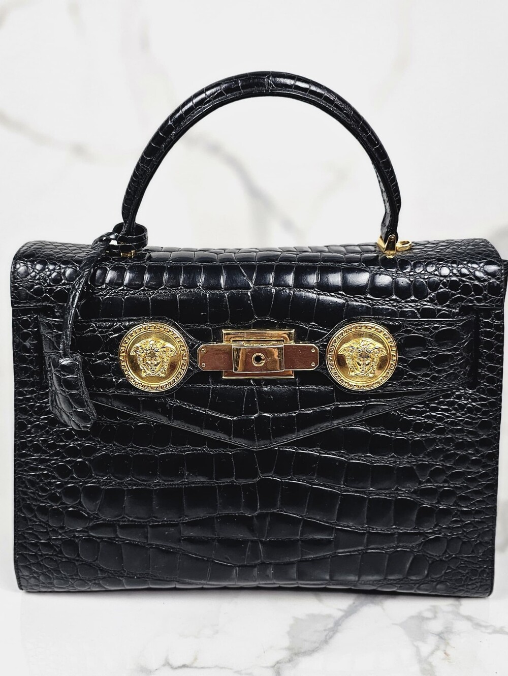 Vintage Gianni Versace Couture Black Croc Embossed Kelly Top Handle Bag Italy